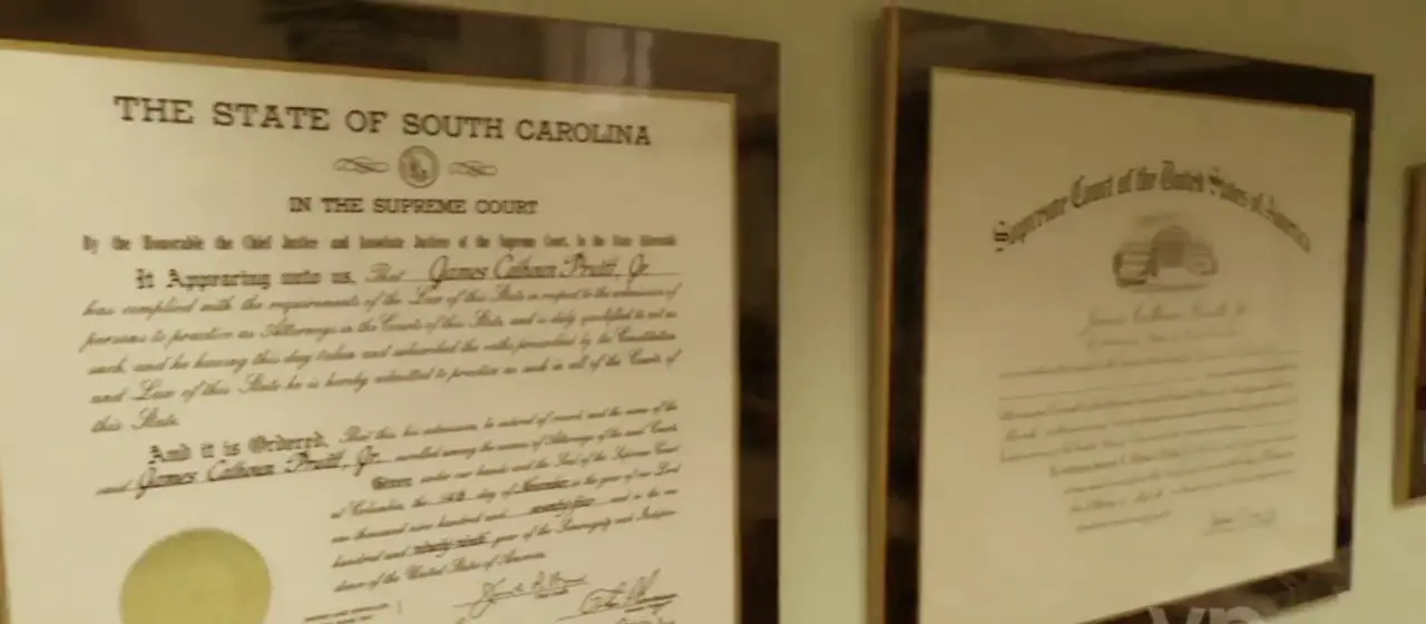 Certificate of admission to practice law from the Supreme Court of South Carolina
